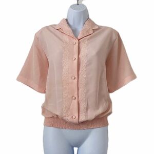 Vintage Yves St. Clair Peach Embroidered Button-Up Blouse Shoulder Pads Shirt 8